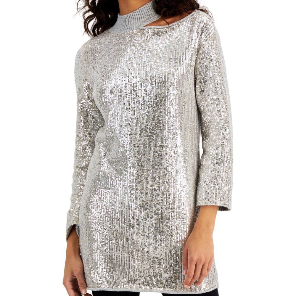 INC Womens Size Medium Asymmetric Neckline Tunic Sweater Heather Gray Sequins